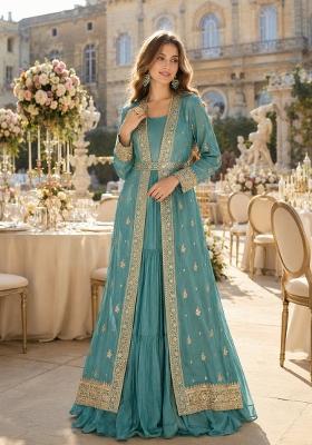 Blue Embroidered Silk Anarkali Set