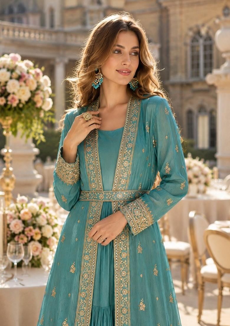 Blue Embroidered Silk Anarkali Set - Indya