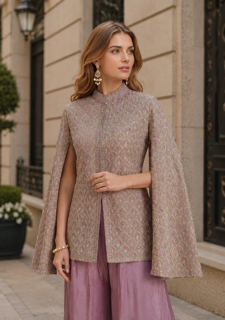 Lavender Embroidered Silk Kurta Set - Indya