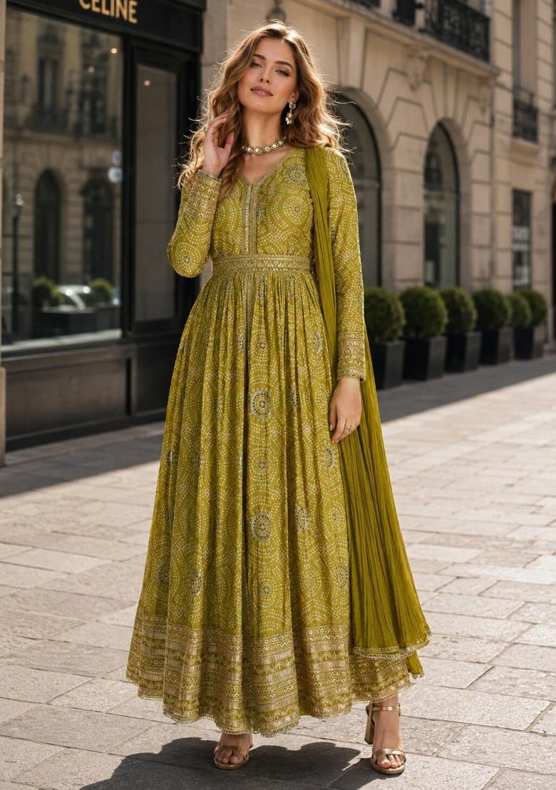 Mehendi Embroidered Silk Kurta Set - Indya