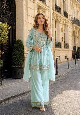 Sky Blue Mirror Silk Kurta Set