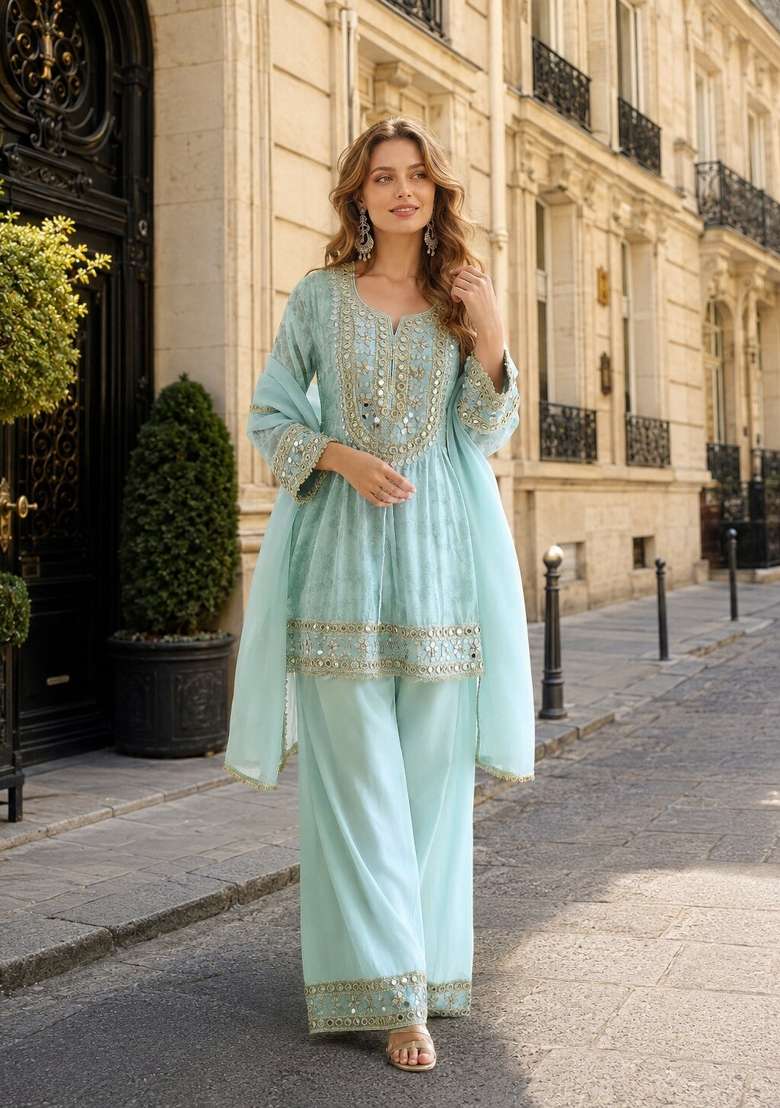 Sky Blue Mirror Silk Kurta Set - Indya