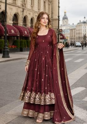 Chocolate Embroidered Silk Anarkali Set