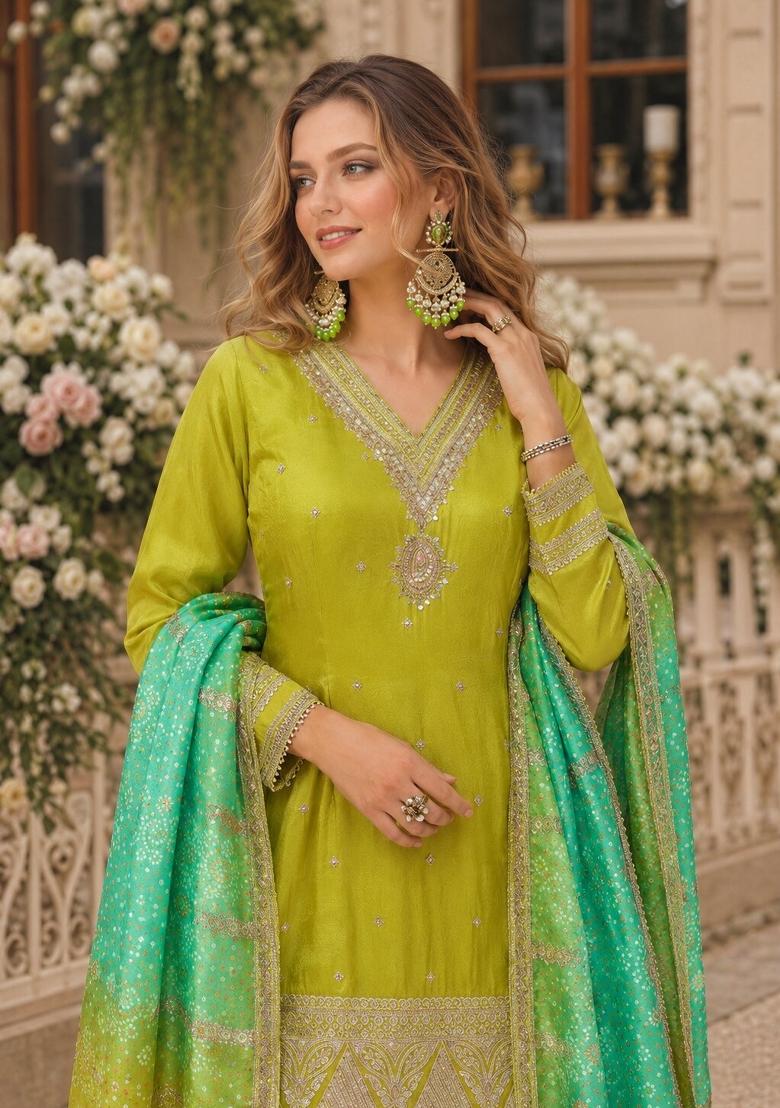 Olive Embroidered Silk Kurta Set - Indya
