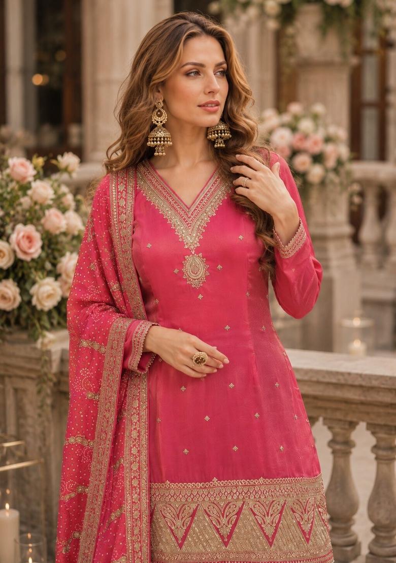Pink Embroidered Silk Kurta Set - Indya