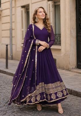 Violet Embroidered Georgette Anarkali Set