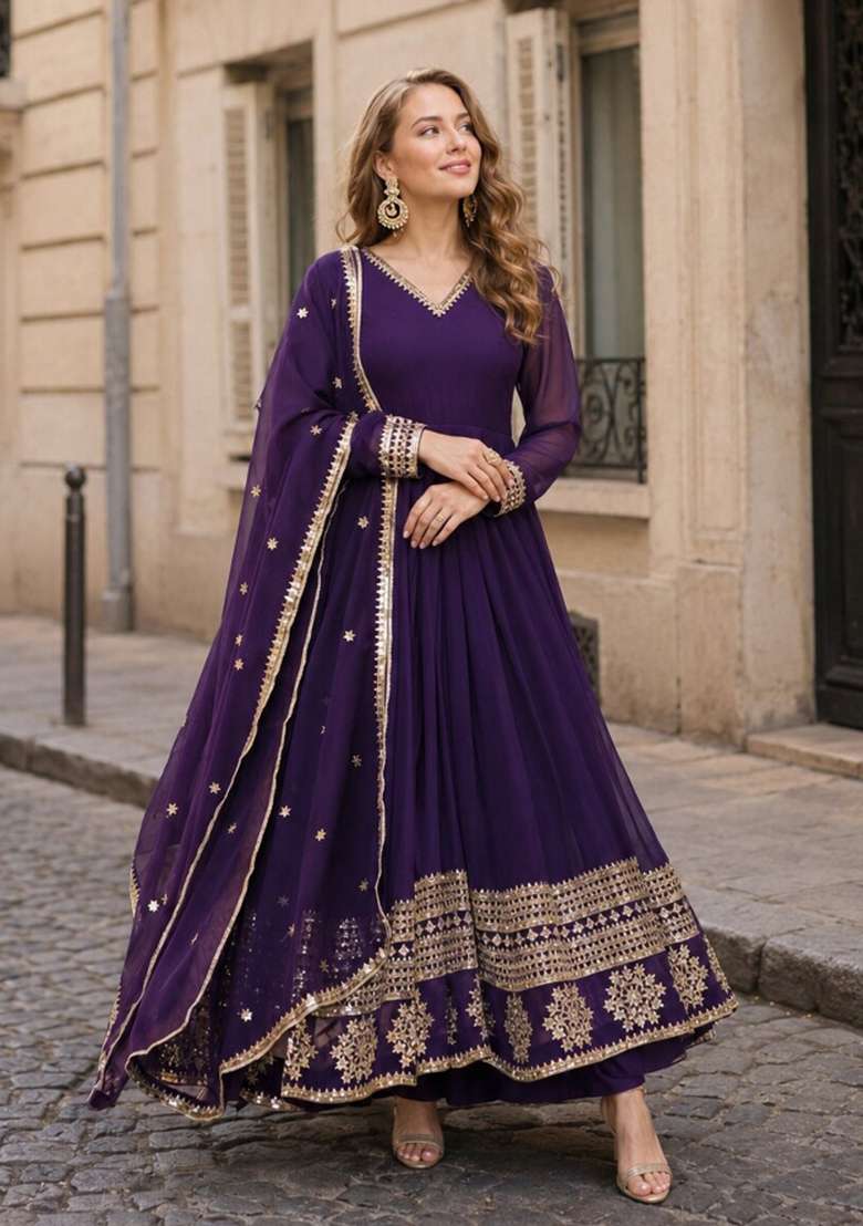Violet Embroidered Georgette Anarkali Set - Indya
