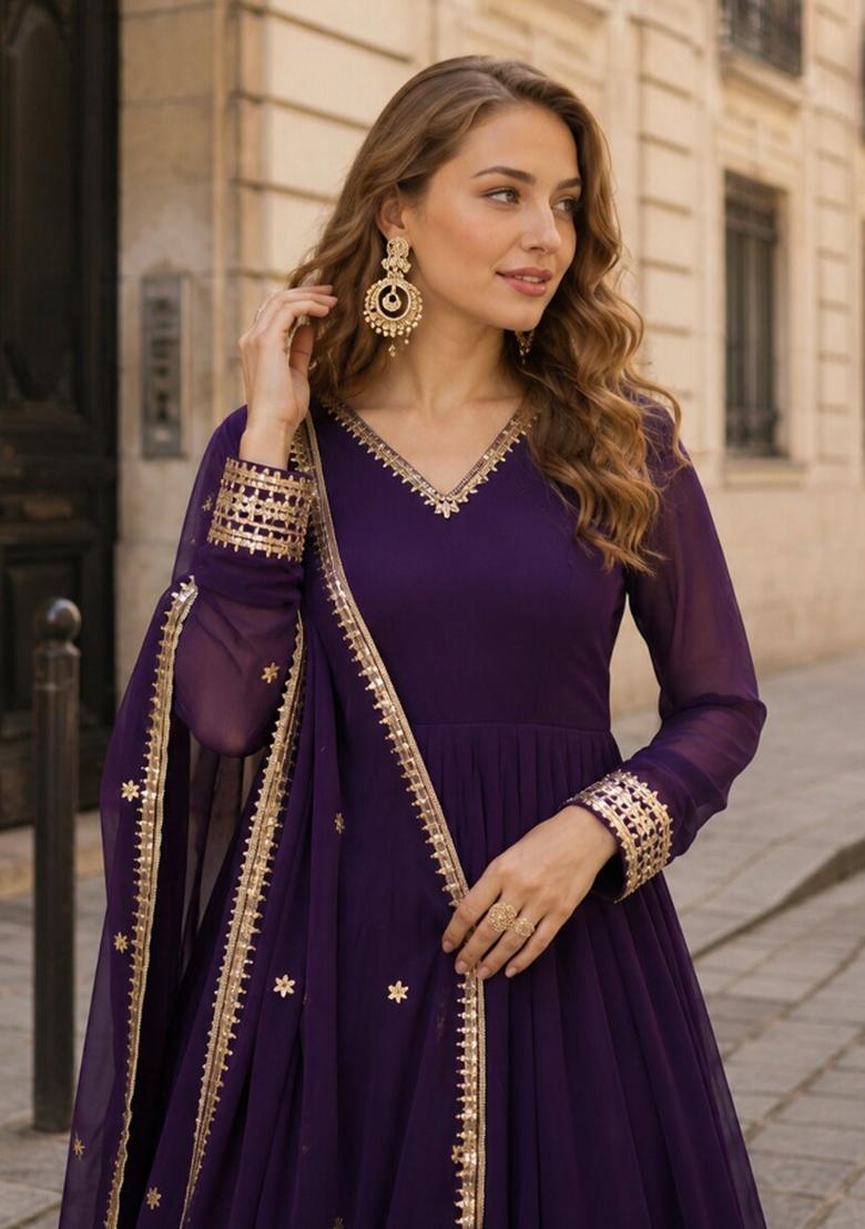 Violet Embroidered Georgette Anarkali Set - Indya