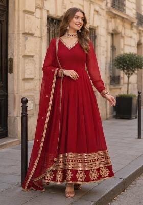 Red Embroidered Georgette Anarkali Set