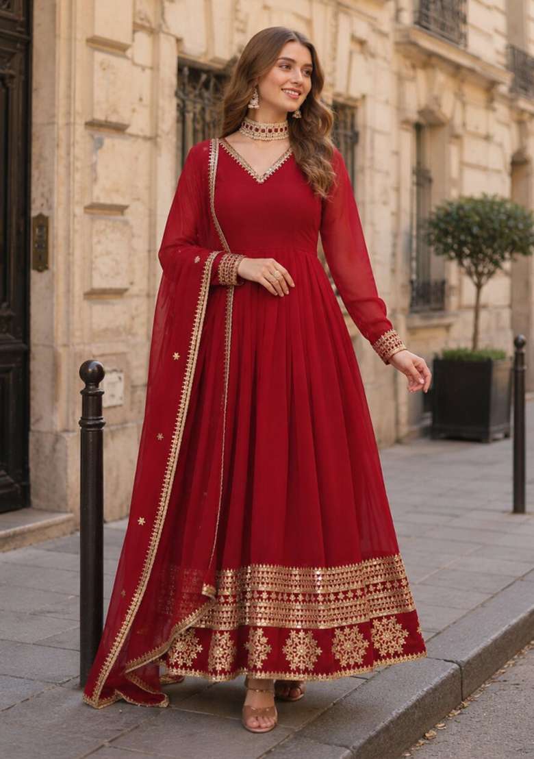 Red Embroidered Georgette Anarkali Set - Indya