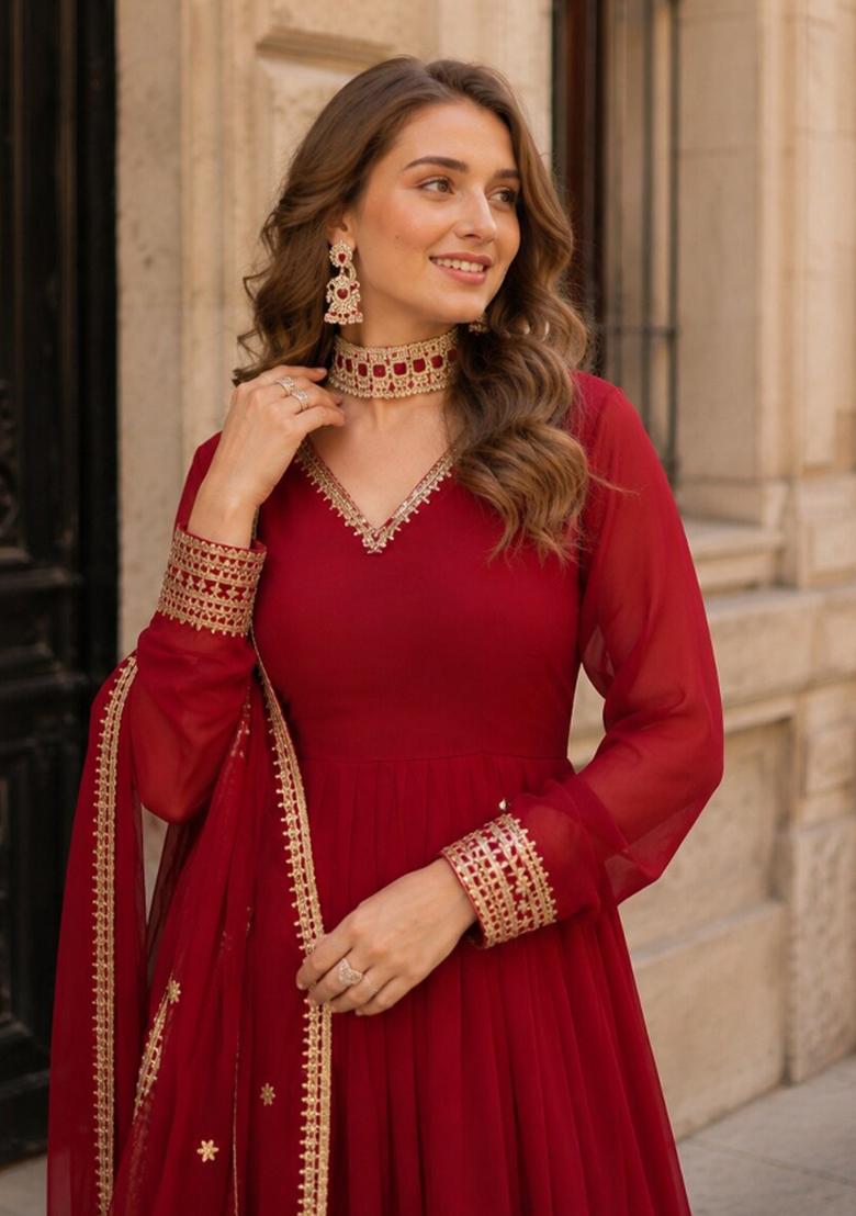 Red Embroidered Georgette Anarkali Set - Indya