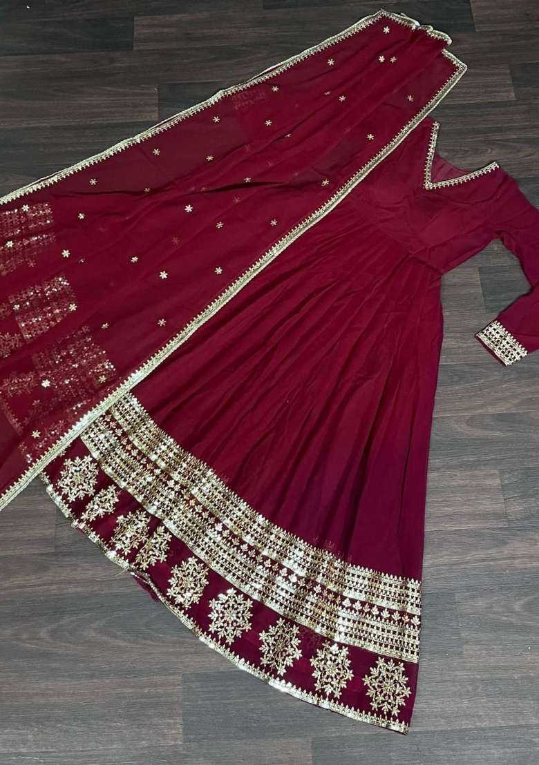 Red Embroidered Georgette Anarkali Set - Indya