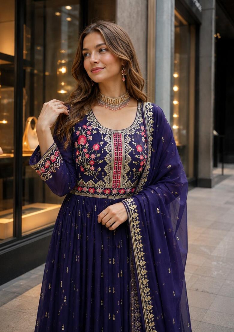 Violet Embroidered Georgette Kurta Set - Indya