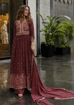 Dark Peach Embroidered Georgette Kurta Set