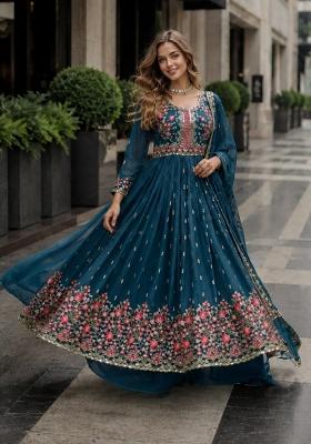 Blue Embroidered Georgette Kurta Set