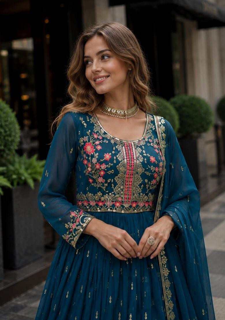 Blue Embroidered Georgette Kurta Set - Indya
