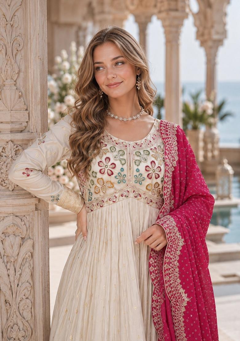 White Embroidered Silk Anarkali Set - Indya