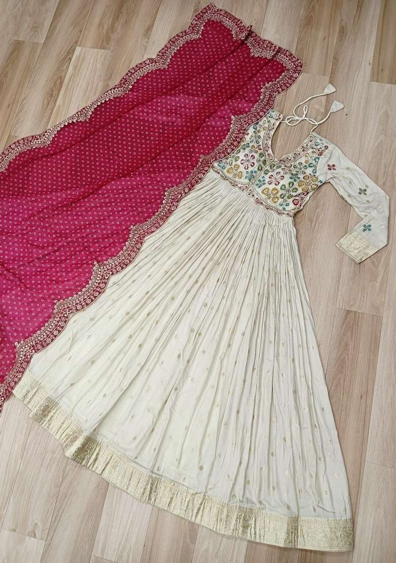 White Embroidered Silk Anarkali Set - Indya