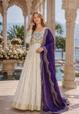 White Embroidered Silk Anarkali Set