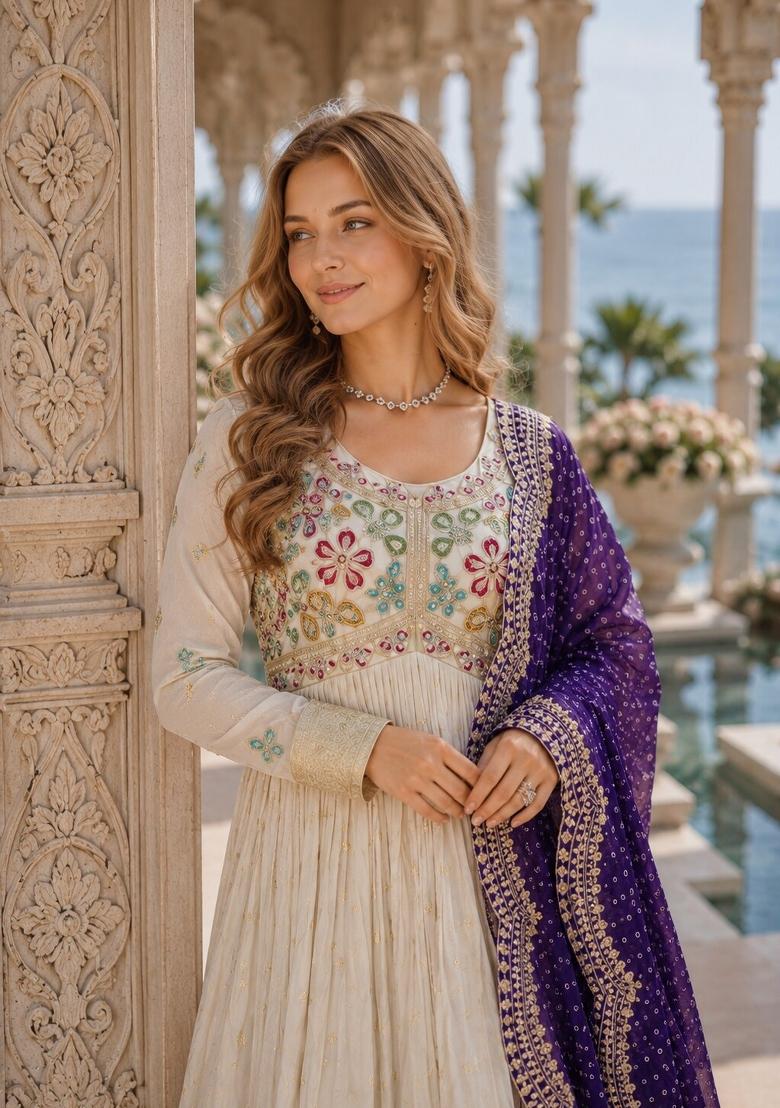 White Embroidered Silk Anarkali Set - Indya