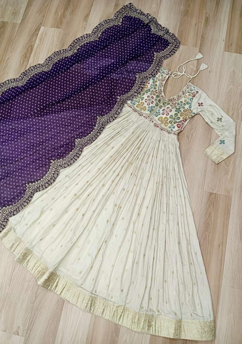 White Embroidered Silk Anarkali Set - Indya