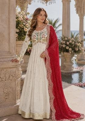 White Embroidered Silk Anarkali Set