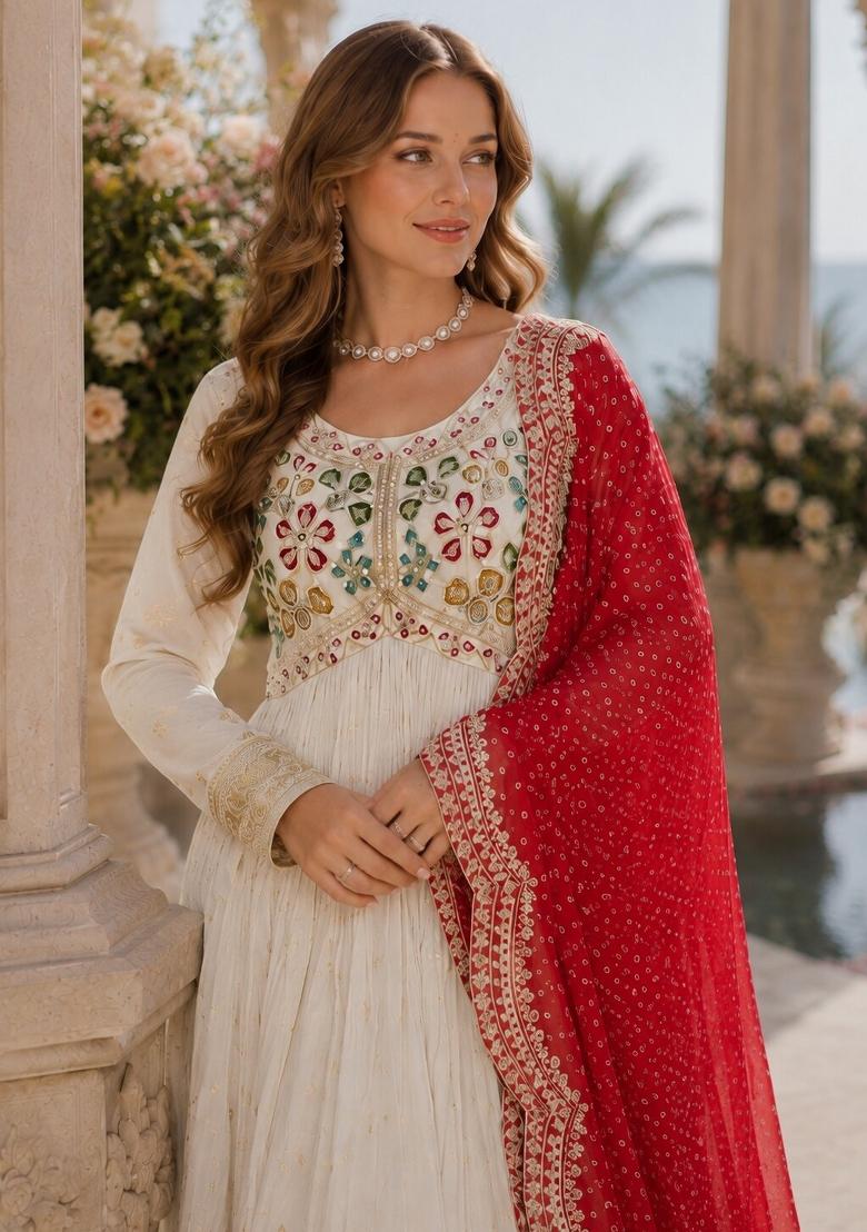 White Embroidered Silk Anarkali Set - Indya