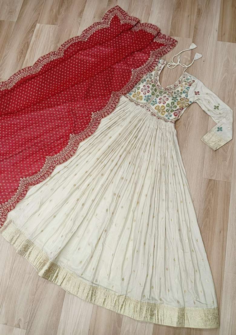 White Embroidered Silk Anarkali Set - Indya