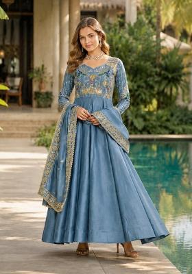 Blue Embroidered Silk Anarkali With Dupatta