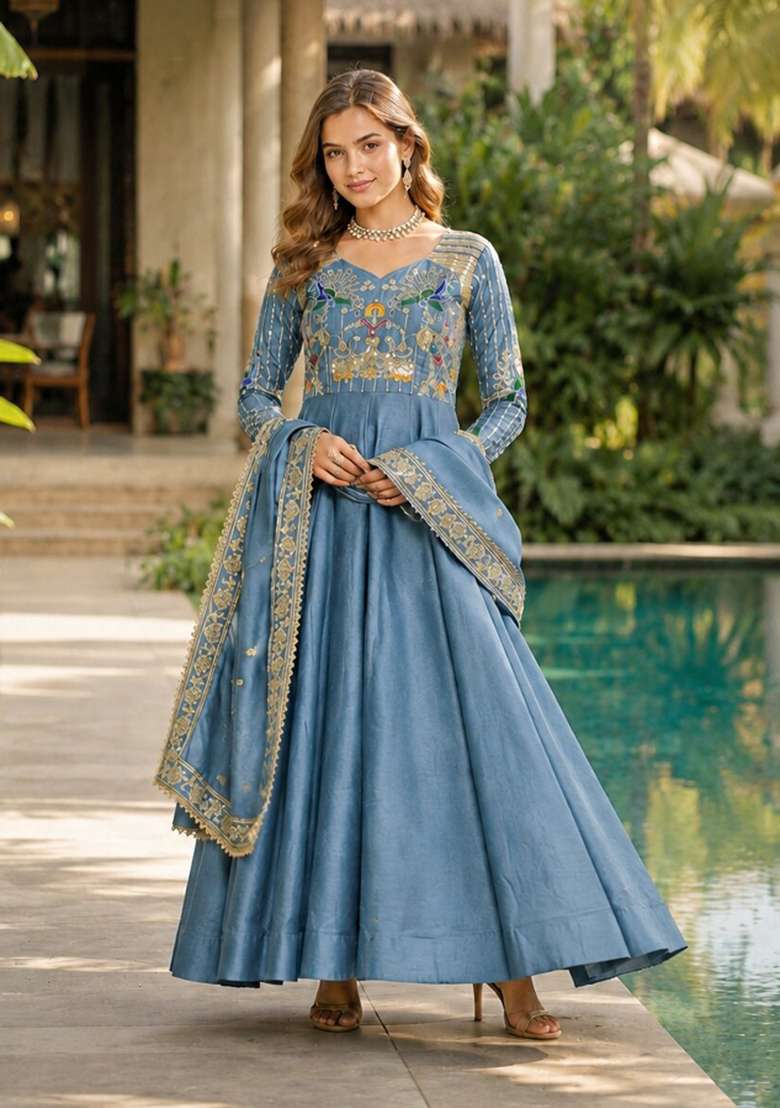 Blue Embroidered Silk Anarkali With Dupatta - Indya