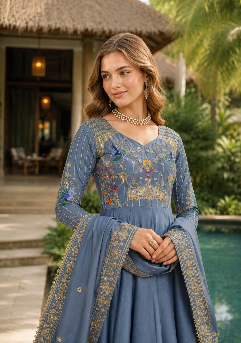 Blue Embroidered Silk Anarkali With Dupatta - Indya