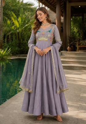 Lavender Embroidered Silk Anarkali With Dupatta