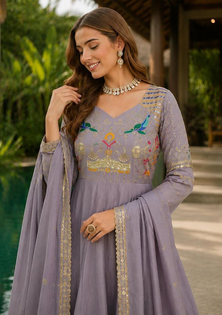 Lavender Embroidered Silk Anarkali With Dupatta - Indya