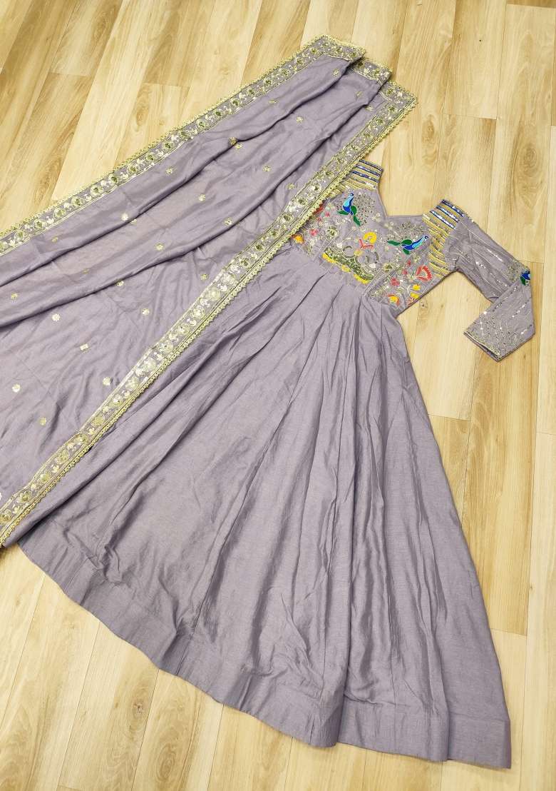 Lavender Embroidered Silk Anarkali With Dupatta - Indya