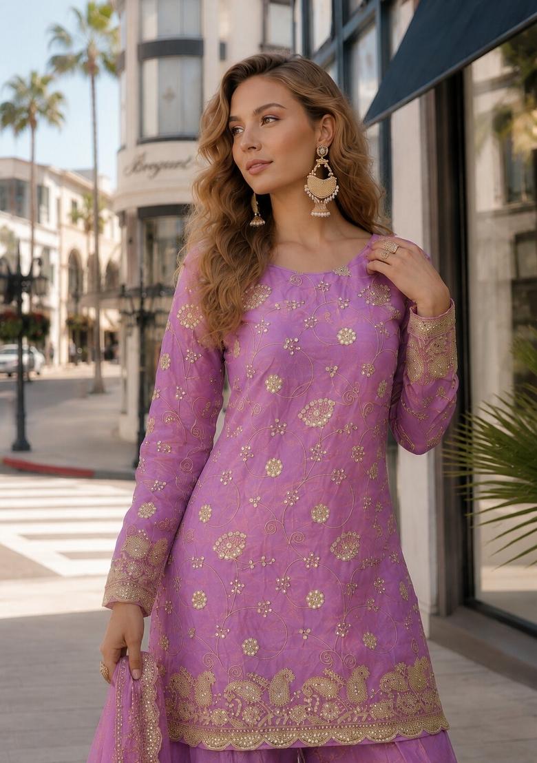 Pink Embroidered Silk Kurta Set - Indya