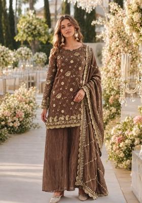 Brown Embroidered Silk Kurta Set