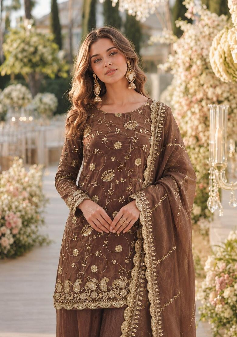 Brown Embroidered Silk Kurta Set - Indya