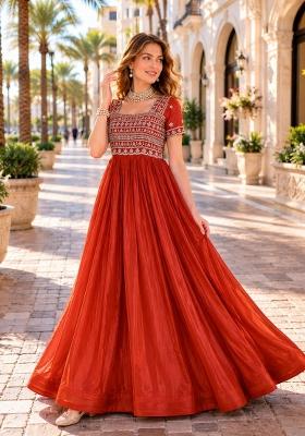 Red Embroidered Silk Anarkali