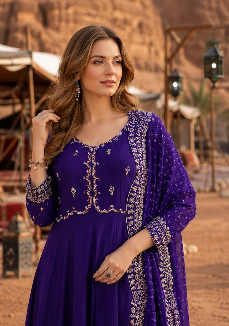 Violet Embroidered Silk Anarkali Set - Indya