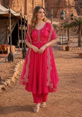 Rani Pink Embroidered Silk Anarkali Set
