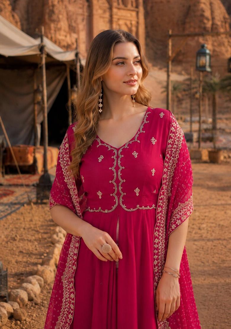 Rani Pink Embroidered Silk Anarkali Set - Indya