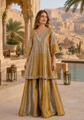 Grey Embroidered Tissue Kurta Set