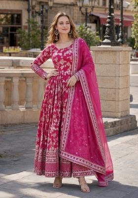 Pink Embroidered Viscose Anarkali With Dupatta