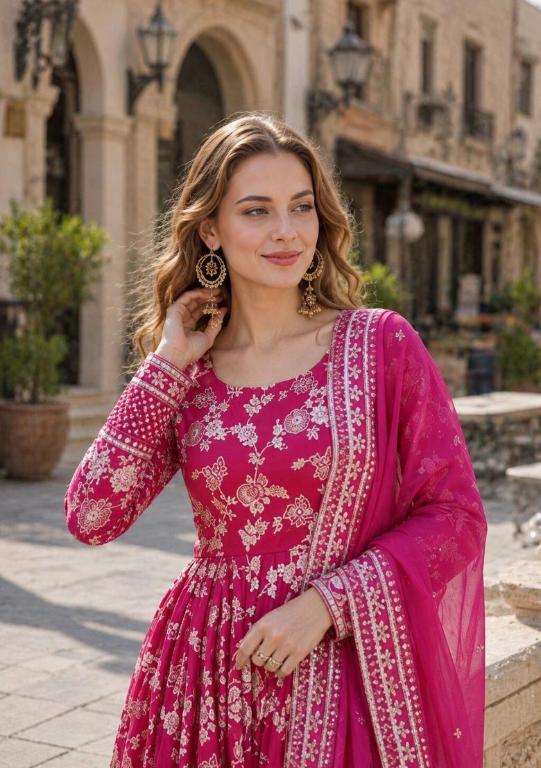 Pink Embroidered Viscose Anarkali With Dupatta - Indya