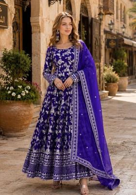 Royal Blue Embroidered Viscose Anarkali With Dupatta