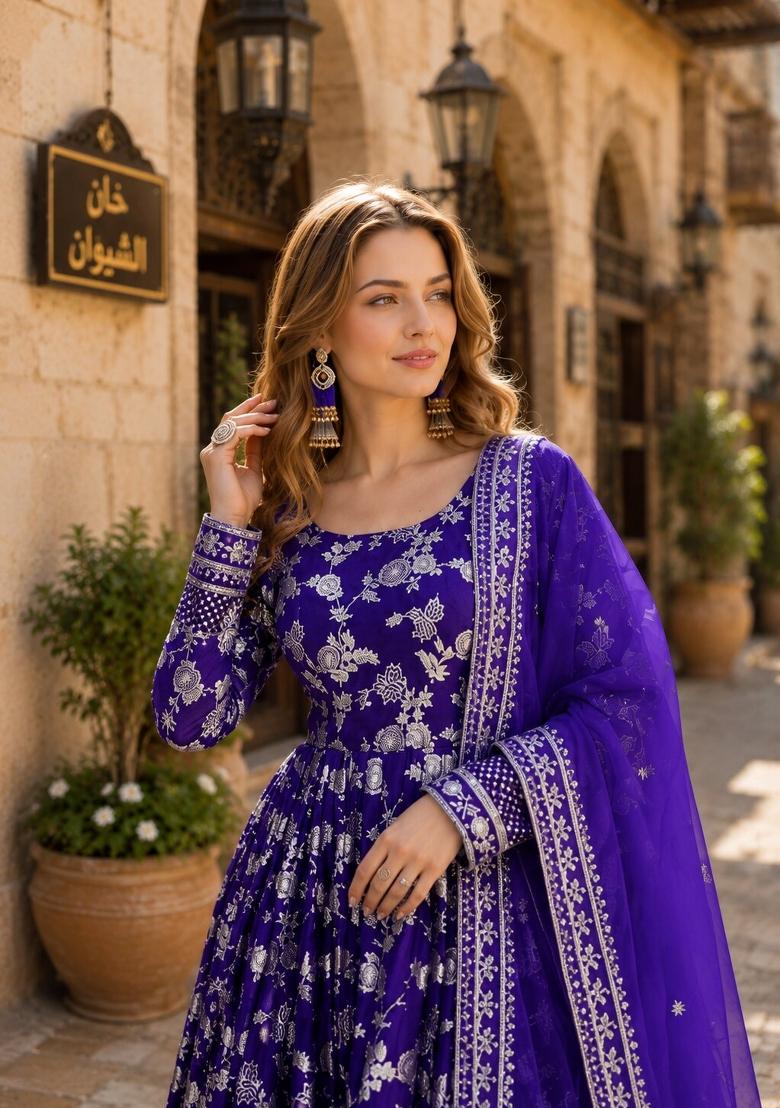 Royal Blue Embroidered Viscose Anarkali With Dupatta - Indya