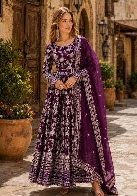 Purple Embroidered Viscose Anarkali With Dupatta