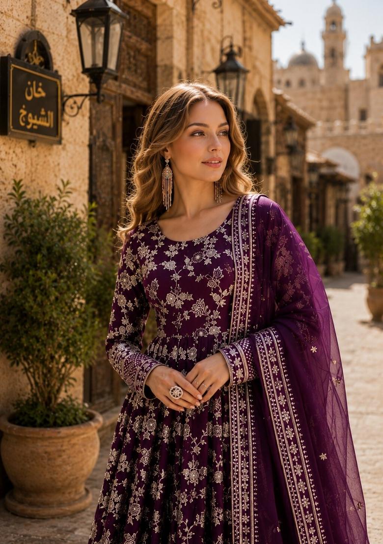 Purple Embroidered Viscose Anarkali With Dupatta - Indya