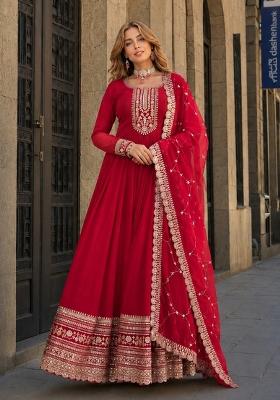 Red Embroidered Georgette Anarkali With Dupatta