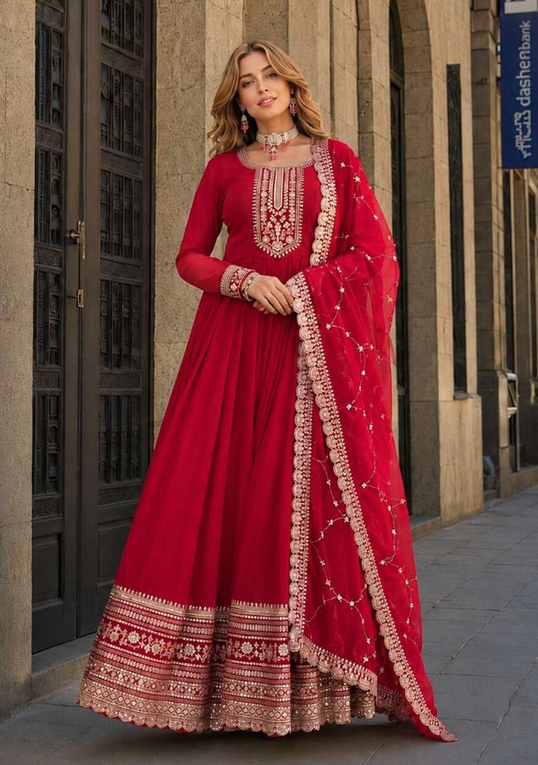 Red Embroidered Georgette Anarkali With Dupatta - Indya